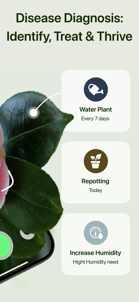 Plant AI - Identify & Care - Écran de l'application Plant AI montrant le diagnostic des maladies et les rappels de soins pour l'arrosage et le rempotage