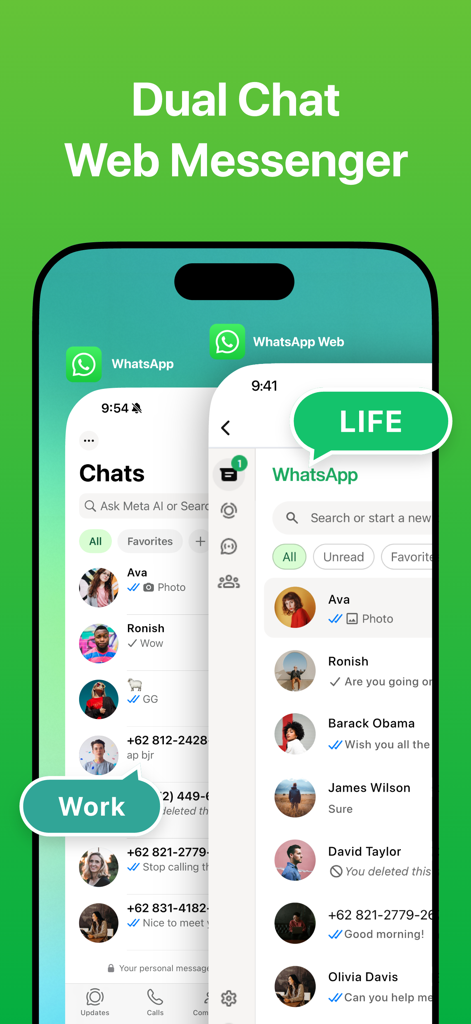 Messages Recovery - ReChat - Interface of the ReChat app showing the dual WhatsApp web messenger feature for managing separate work and life accounts on one device