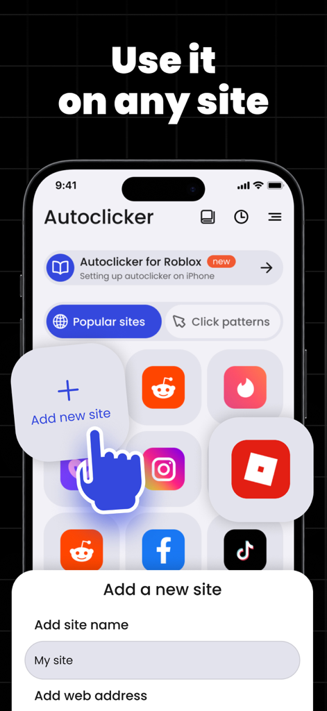Interfaccia mobile dell'app Auto Clicker che mostra le opzioni per aggiungere nuovi siti web per il click automatizzato con icone per Roblox, Instagram e Reddit.