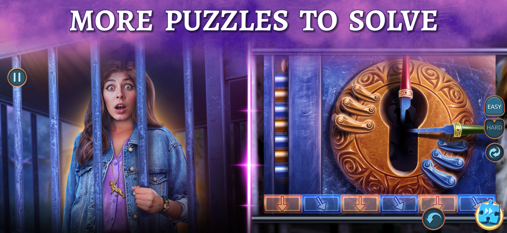 Magic City: Hidden Objects F2P - A woman looks shocked behind bars next to a detailed mechanical lock picking puzzle in Magic City Hidden Objects