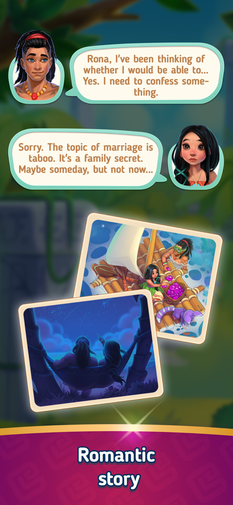 Merge Islanders: Tropical Town - Los personajes Noah y Rona conversando sobre matrimonio y secretos en el modo de historia romántica de Merge Islanders