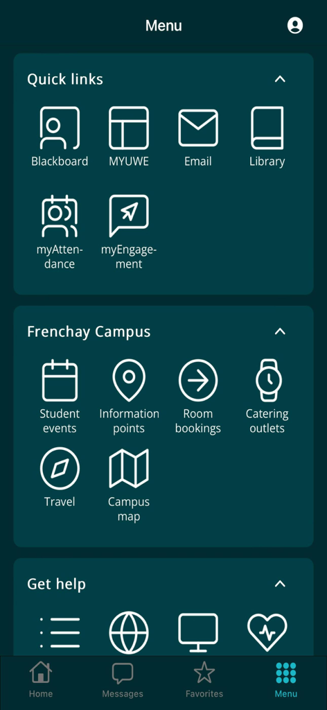 UWE Bristol - UWE Bristol mobile app menu screen displaying links to Blackboard student email and campus maps