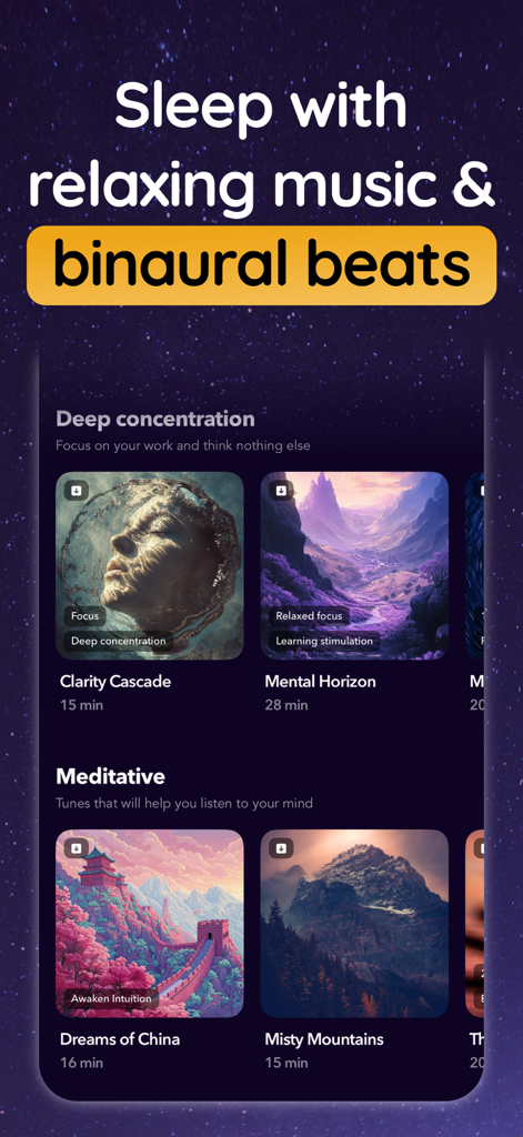 Captura de pantalla de la interfaz de la aplicación Soundscape que muestra categorías de sonido de concentración profunda y meditación con miniaturas artísticas