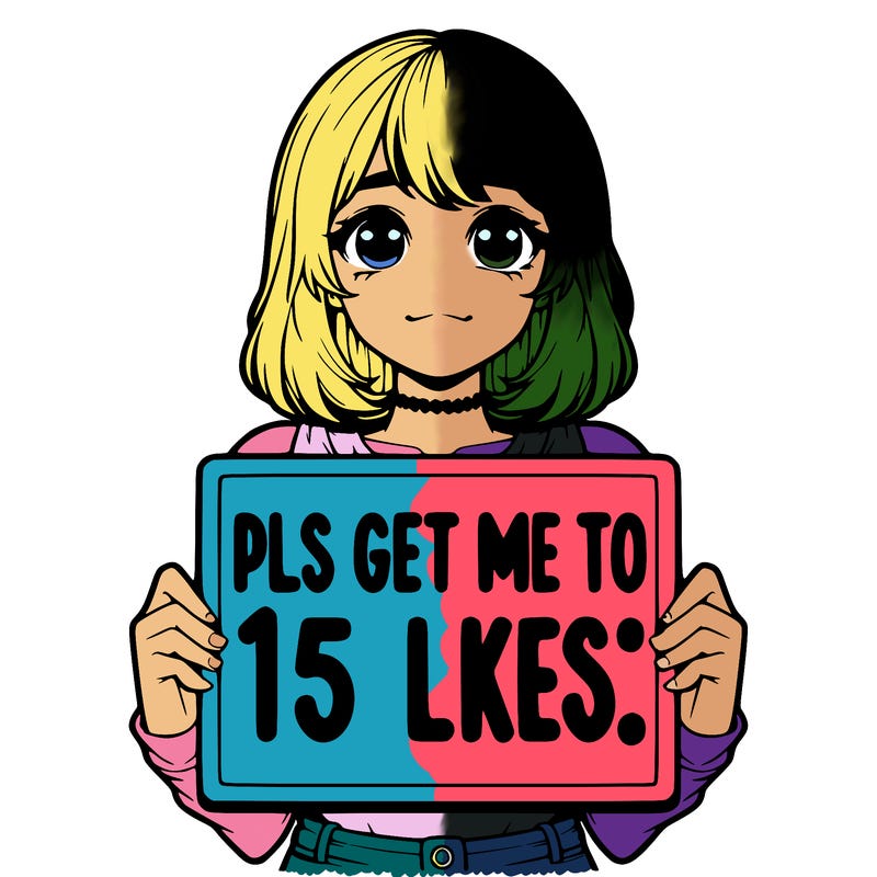 realistic girl holding up a sign that says “pls get me to 15 likes!”