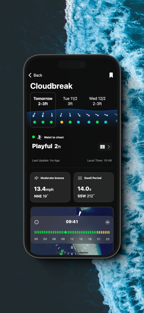 Application Wavez Forecast affichant les conditions de surf détaillées et la hauteur des vagues pour Cloudbreak