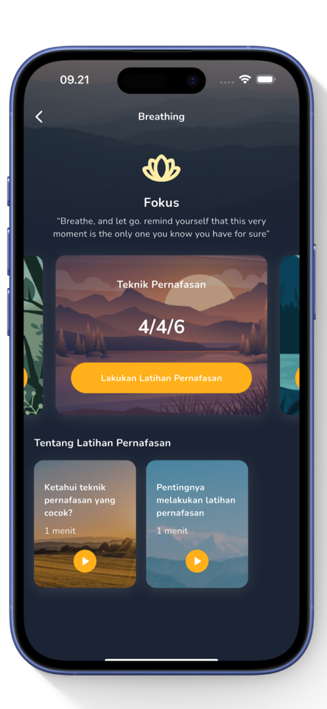 Bicarakan - Psikolog Indonesia - Pantalla de la aplicación móvil para ejercicios de respiración guiada en la aplicación de psicología Bicarakan.