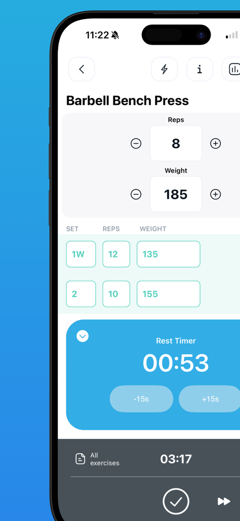 Fitlist app screen showing barbell bench press logging with reps weight and rest timer