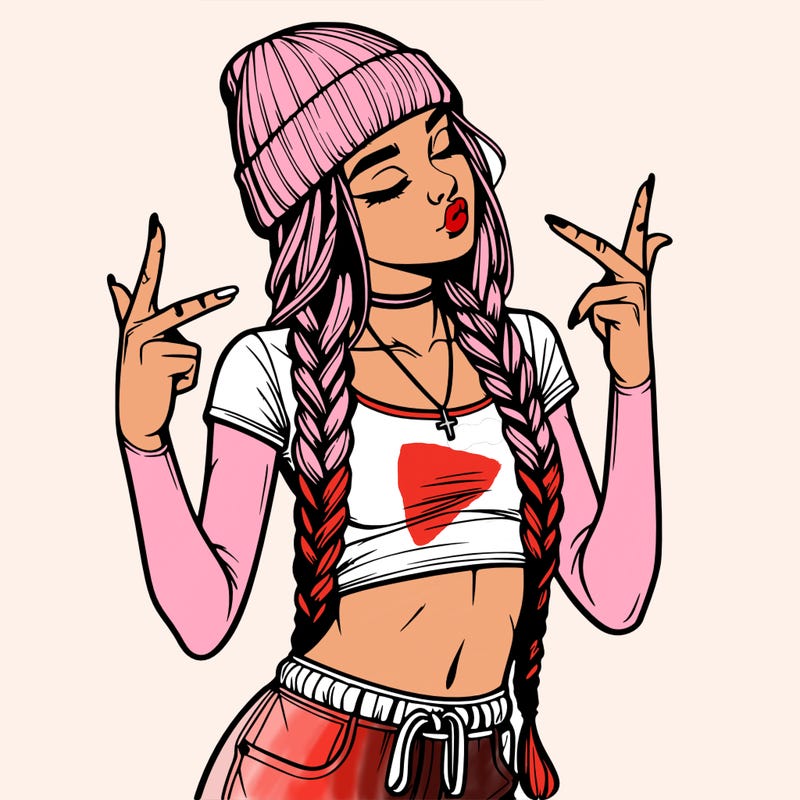 realistic teenage girl with braids and a beanie and crop top doing 🫶🏼