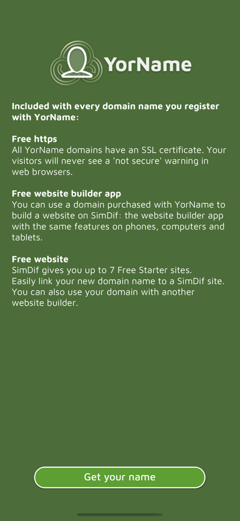 YorName App-Oberfläche, die Vorteile wie kostenloses SSL-Zertifikat und Website-Builder für registrierte Domains auflistet.