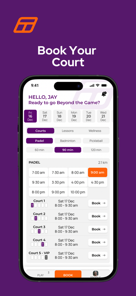 Trinity Courts - Interface of the Trinity Courts mobile app for booking Padel and Badminton courts