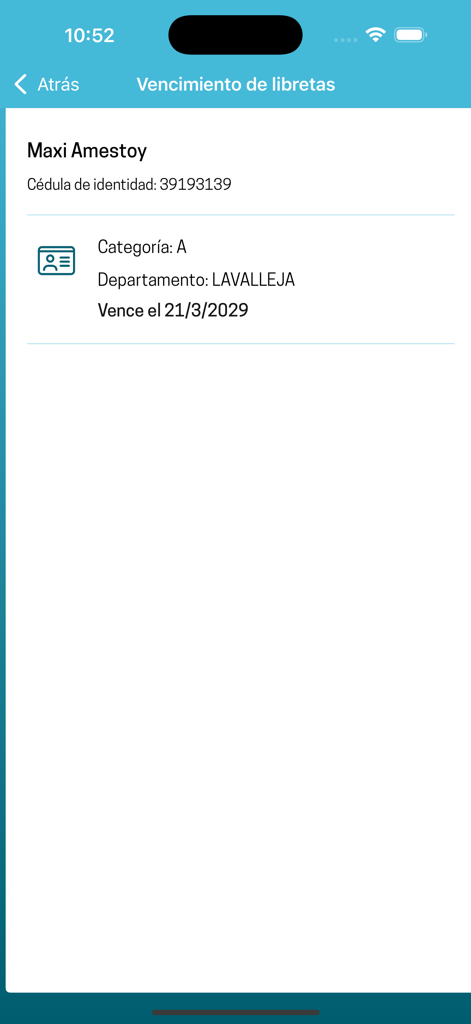 SUCIVE app screen showing driver license category and expiration date for Uruguay