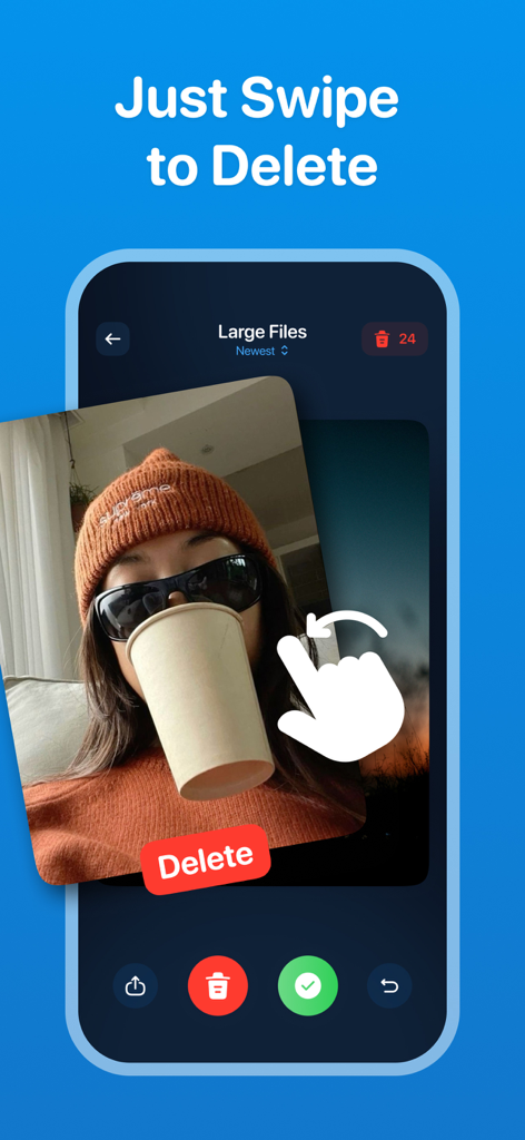 Swipe & Delete - Photo Cleaner - Phone screen showing a photo being swiped left to delete it using the Swipe and Delete app