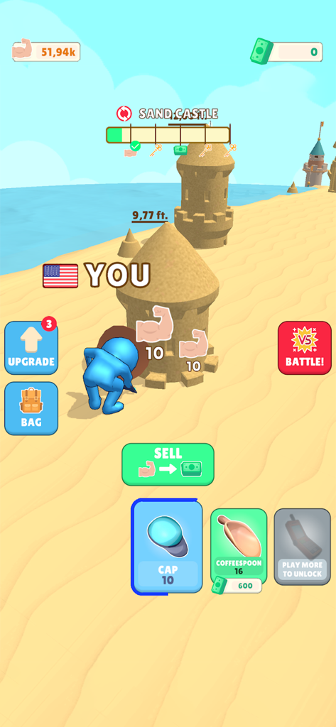 Sand Castle: Tap & Build - A blue character building a sandcastle on a beach in the Sand Castle Tap and Build mobile game