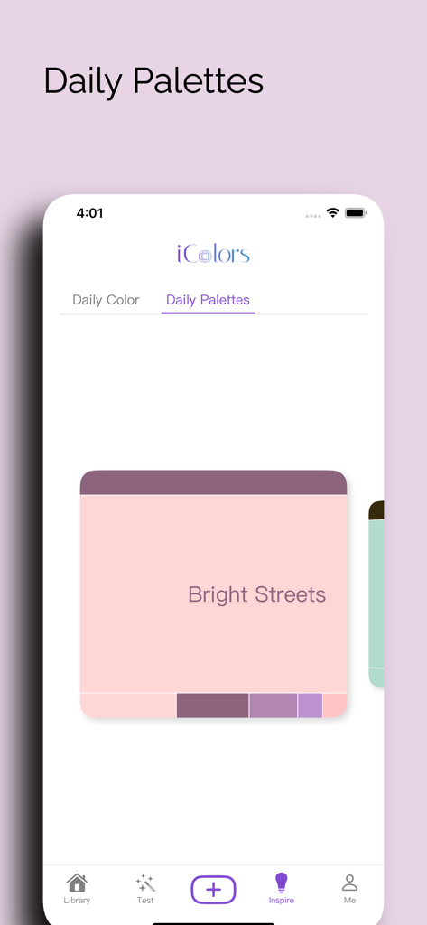 iColors - Color palette muse - Oberfläche der iColors-App, die eine zartrosa und lila tägliche Farbpalette mit dem Titel 'Bright Streets' anzeigt
