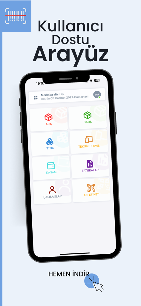 Panel de la aplicación móvil BarkodPOS mostrando categorías para la gestión de ventas, stock e inventario en un smartphone