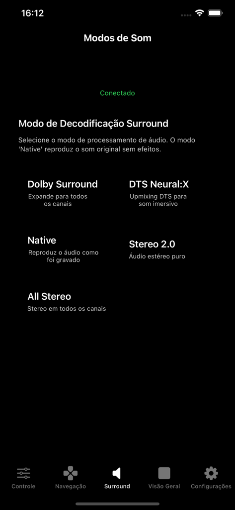 Better Remote - Interface do aplicativo Better Remote mostrando várias configurações de modo de áudio e som surround, como Dolby Surround e Stereo 2.0