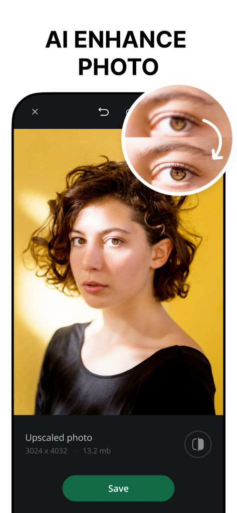 Background Eraser, AI - AppCut - AppCut AI photo enhancer feature showing upscaled eye detail on a woman portrait