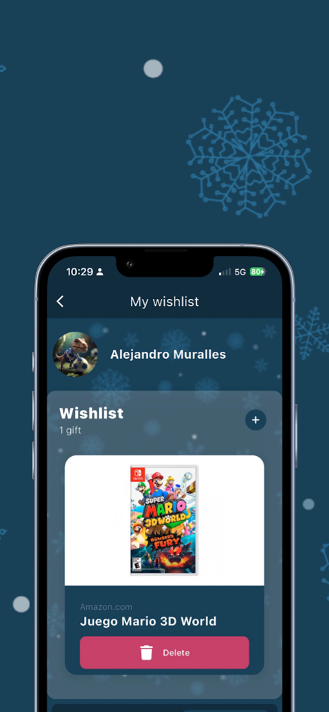 Invisible Friend - A user's personal wishlist in the Invisible Friend app featuring a Super Mario game gift.
