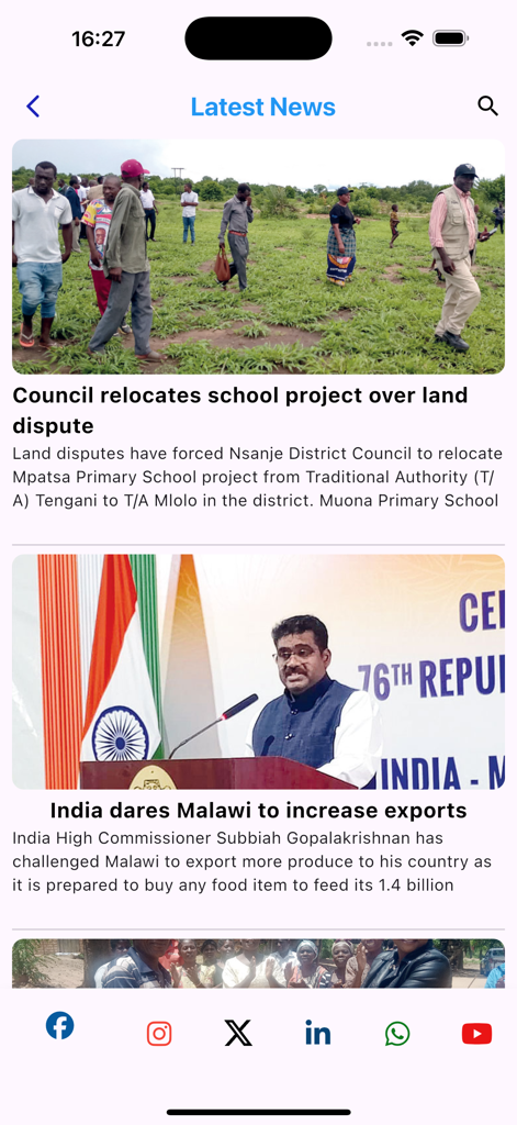 Nation Online - The latest news screen of the Nation Online app showing articles about Malawi.