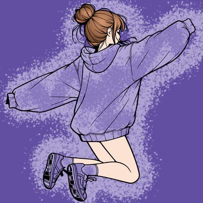 realistic girl jumping with a bun and oversized sweatshirt