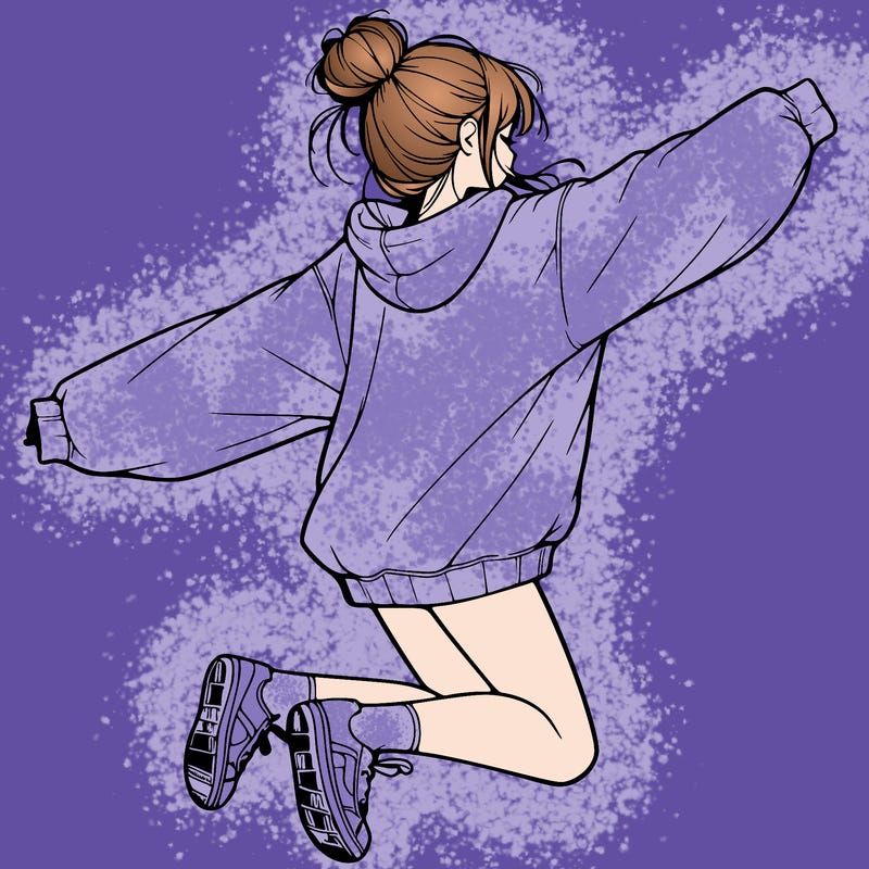 realistic girl jumping with a bun and oversized sweatshirt