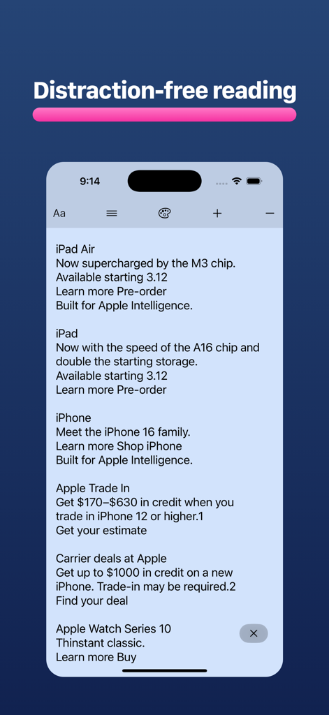 Lirely: Reader Mode Browser - iPhone screenshot of the Lirely app showing a clean and distraction-free text layout of a webpage for easier reading