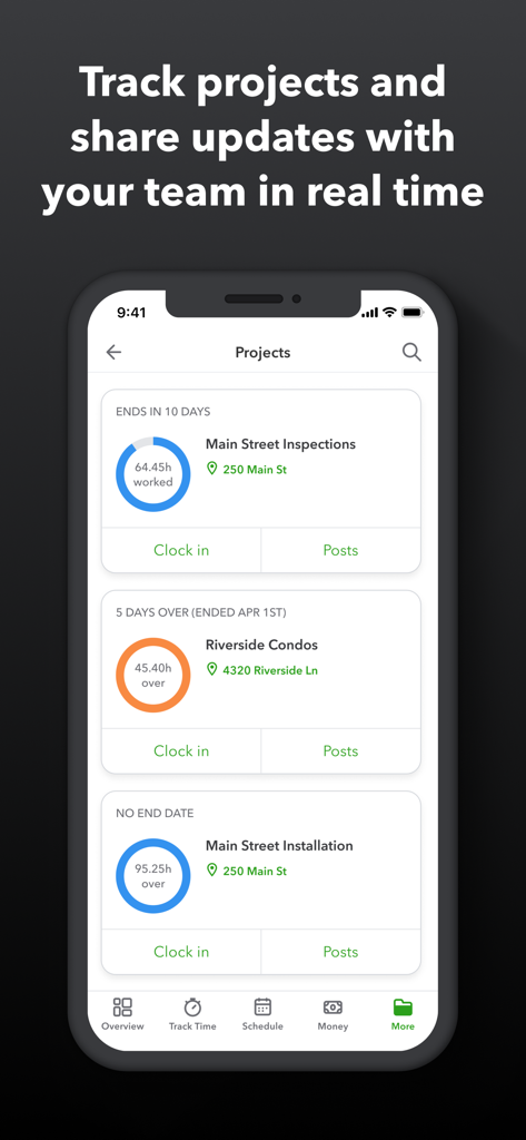QuickBooks Workforce app mobile interface showing a projects list with hours tracked and real time team updates.
