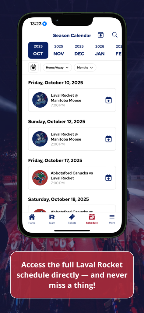 Laval Rocket - Laval Rocket hockey app displaying the upcoming season schedule and game calendar