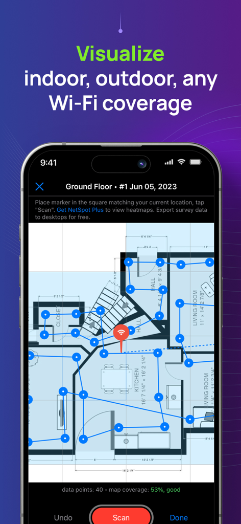 NetSpotアプリで家の間取り図上にWiFiカバレッジ調査を表示