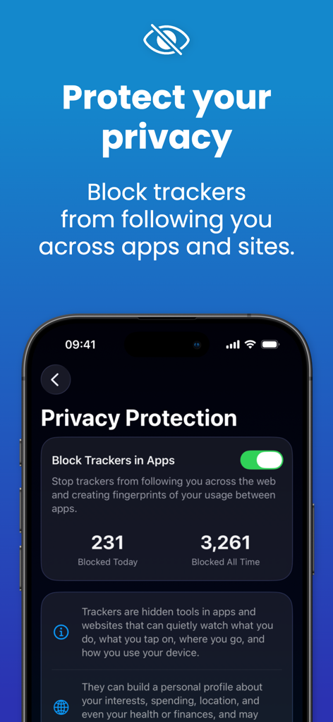 Schermata di protezione della privacy di Adblock Plus che mostra i tracker bloccati nelle app.