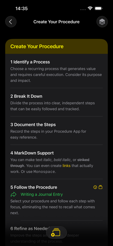 Procedural: System & Routines - Interface mostrando as seis etapas para identificar, documentar e seguir um novo fluxo de trabalho no aplicativo Procedural.