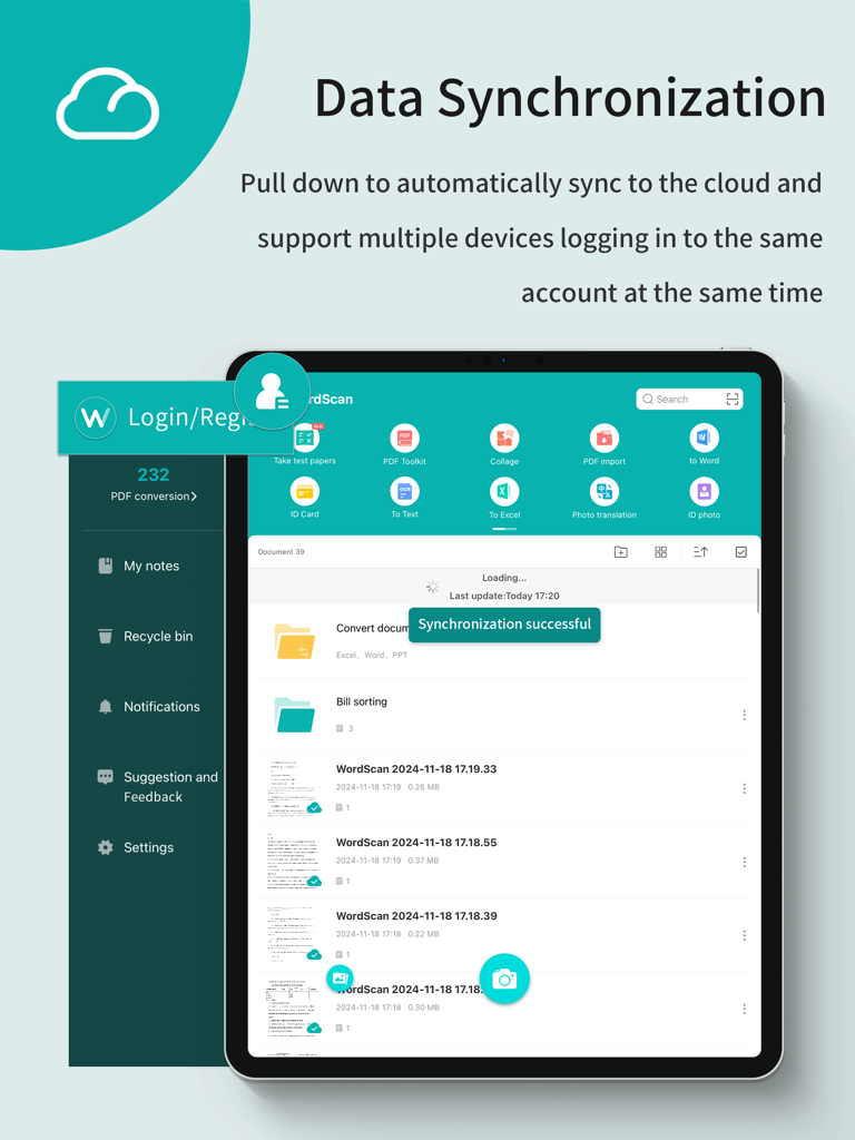 Interfaccia dell'app WorldScan HD su un iPad che mostra un messaggio di sincronizzazione dati cloud riuscita