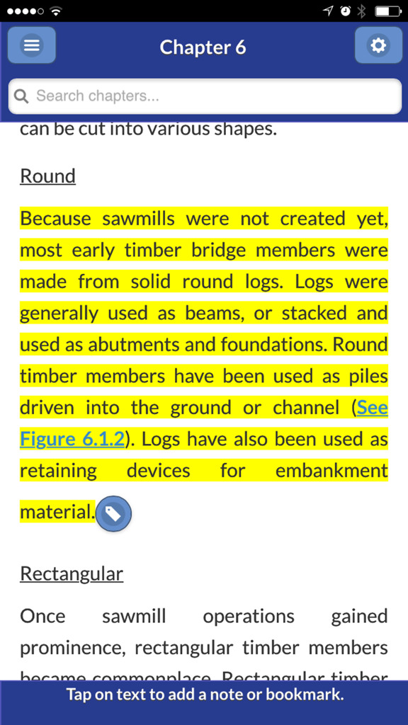 BIRM Mobile App - A screen from the BIRM Mobile App showing technical text about timber bridge construction with highlighted paragraphs and a note taking feature