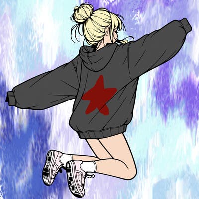 realistic girl jumping with a bun and oversized sweatshirt