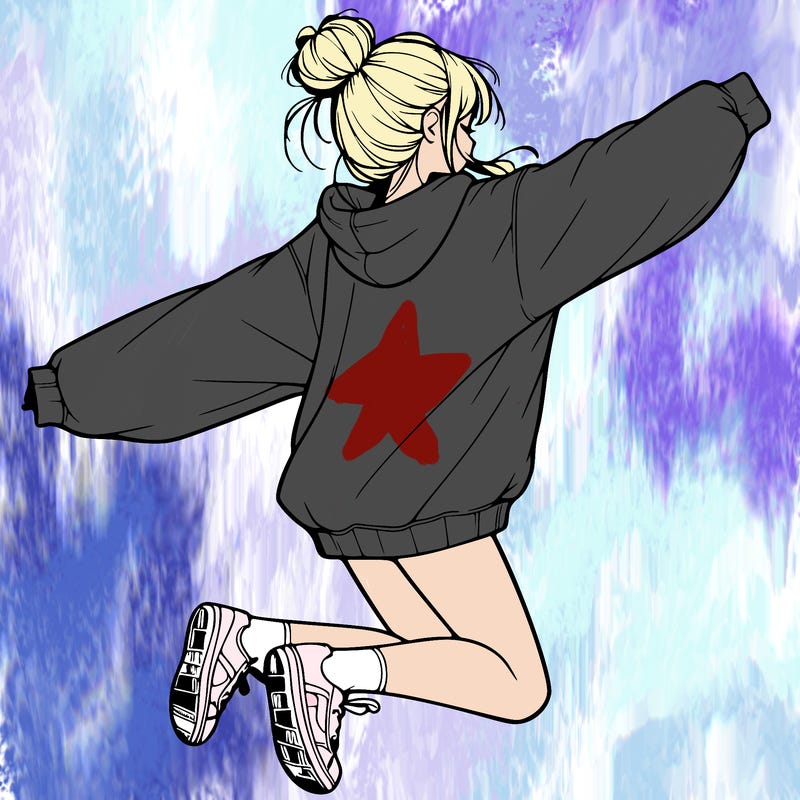 realistic girl jumping with a bun and oversized sweatshirt
