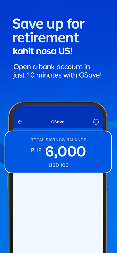 GCash - Interfaccia dell'app GCash GSave che mostra il saldo dei risparmi pensionistici in PHP e USD per gli utenti negli Stati Uniti