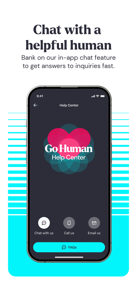 GoTyme Bank - The GoTyme Bank Help Center screen on a mobile device showing options to chat with a human, call, or email for support.