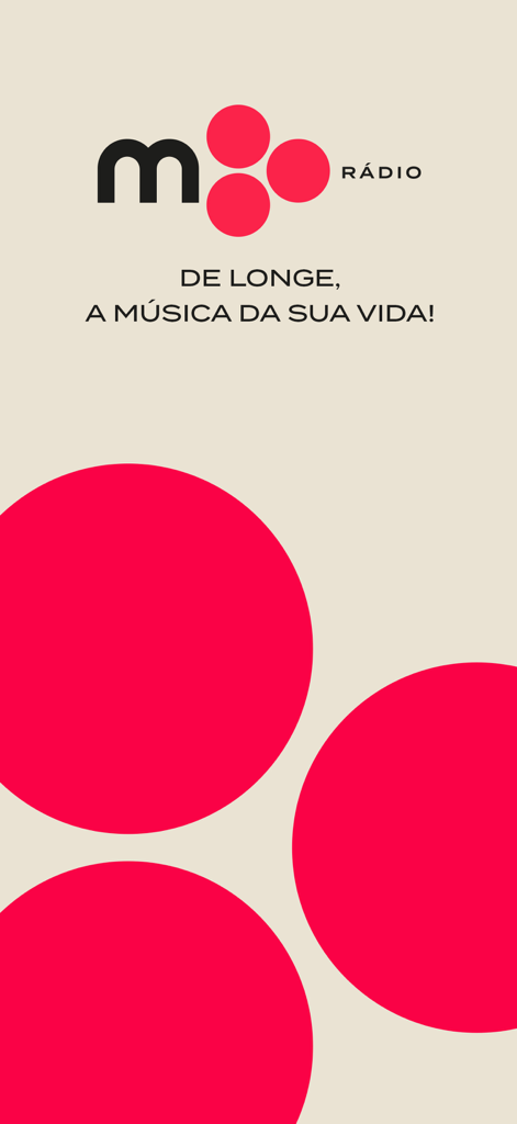 Pantalla de inicio de la aplicación M80 Radio con el logo y el eslogan en portugués
