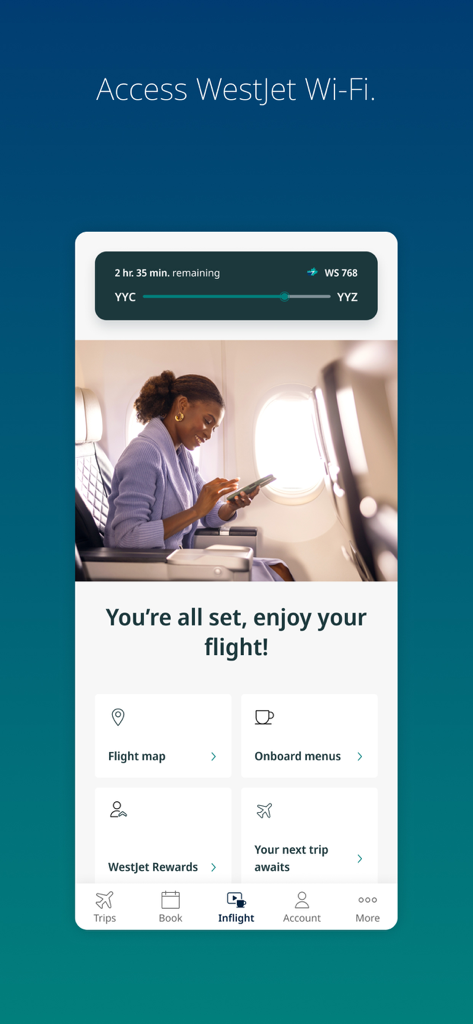 WestJet - Pantalla a bordo de la aplicación móvil WestJet que muestra el rastreador de progreso del vuelo, menús a bordo y opciones de acceso Wi-Fi.