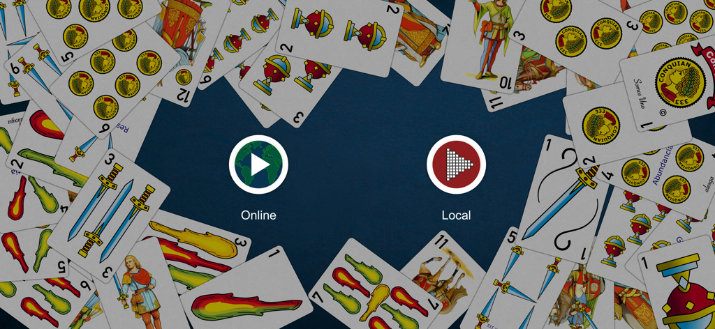 Main menu of Conquian 333 plus app showing options for online and local play with traditional Mexican cards