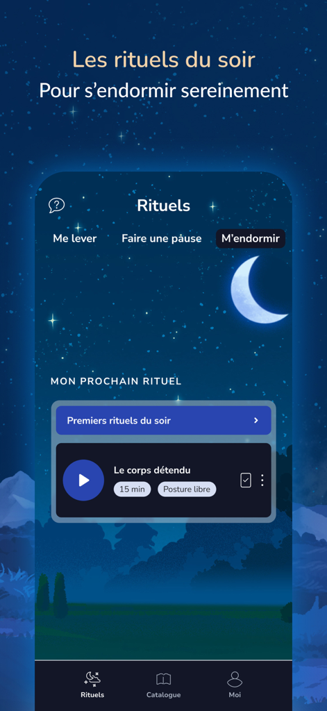 Sommeil avec Petit BamBou - Pantalla de rituales nocturnos en la aplicación Dormir con Petit BamBou con una sesión de meditación para conciliar el sueño.