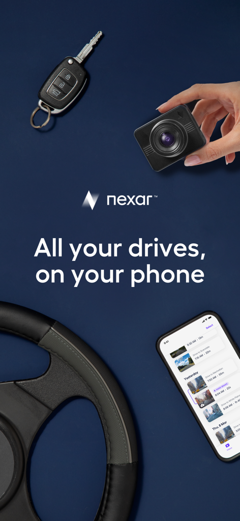 Nexar Classic app showing drive logs on a smartphone screen next to a dash cam and steering wheel