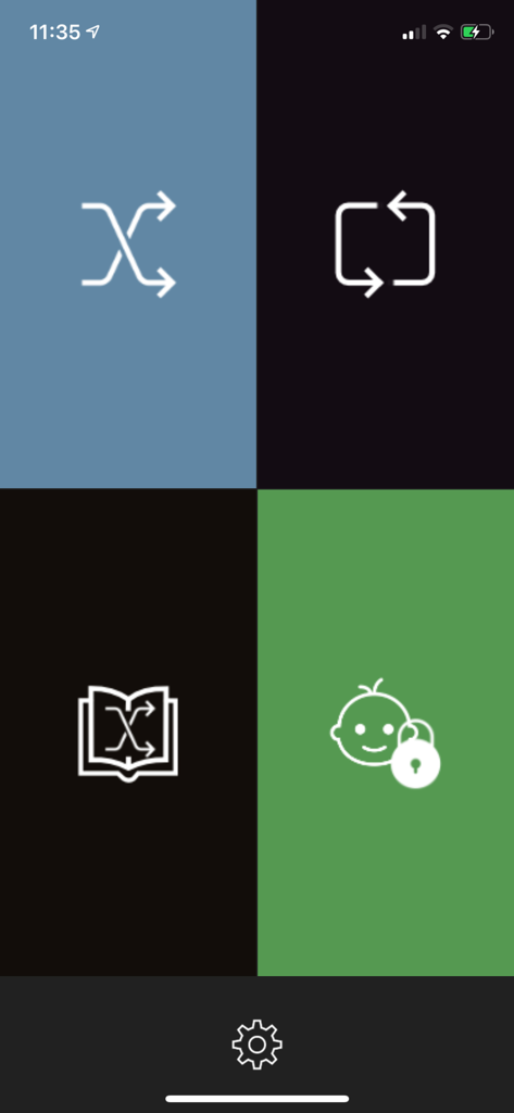What's Playing - A four tile grid menu showing large icons for shuffle repeat and child lock features