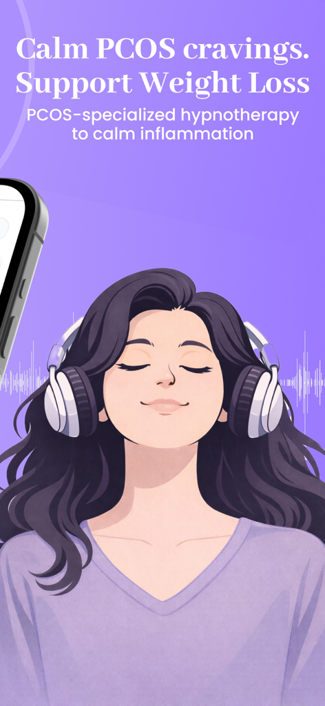 Briom:PCOS weight loss - Woman with headphones using PCOS specialized hypnotherapy for craving control and weight loss