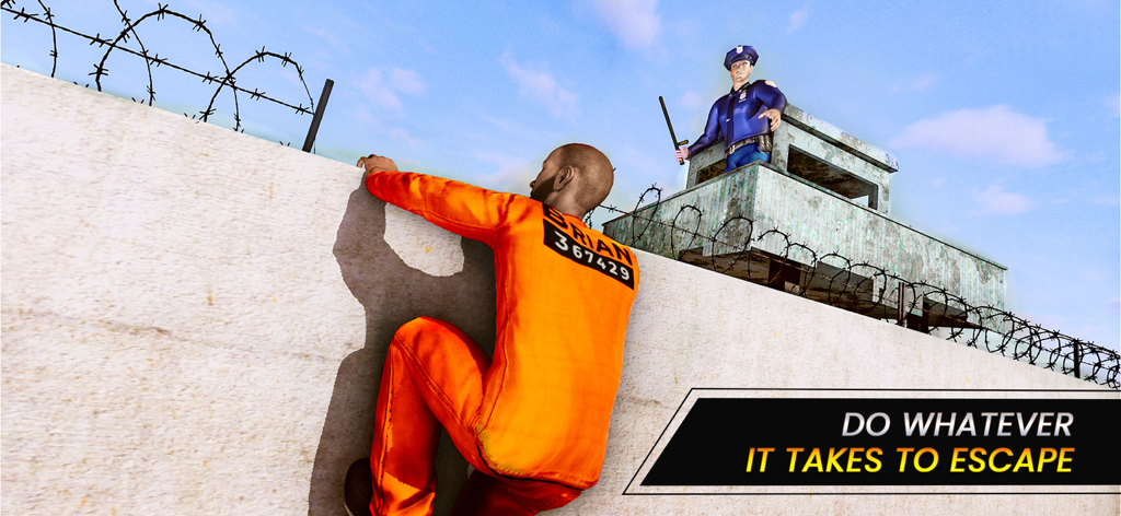 A prisoner in an orange jumpsuit climbing a prison wall while a police guard watches from a tower.