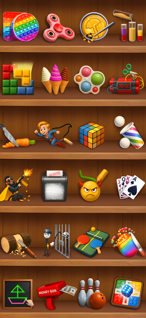 A wooden shelf displaying various icons for antistress mini games including fidget toys and puzzles.