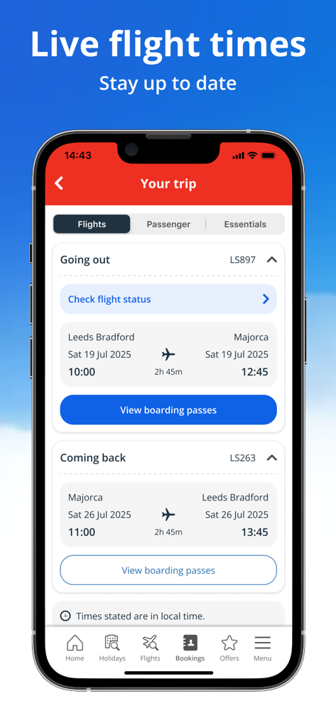 Pantalla de smartphone de la app Jet2 que muestra el estado del vuelo en vivo y las tarjetas de embarque para un viaje de vacaciones.
