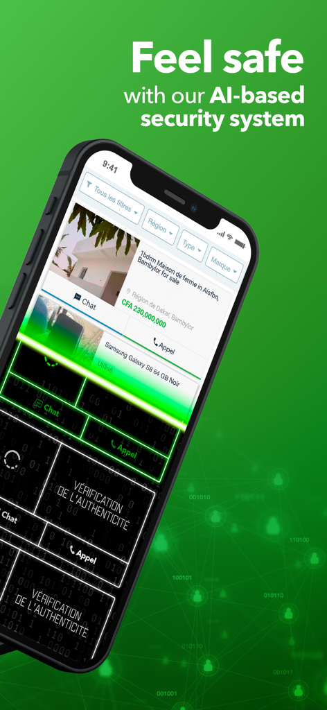 Jiji Sénégal - Jiji Senegal app screenshot highlighting AI based security system and authenticity verification for safe online shopping