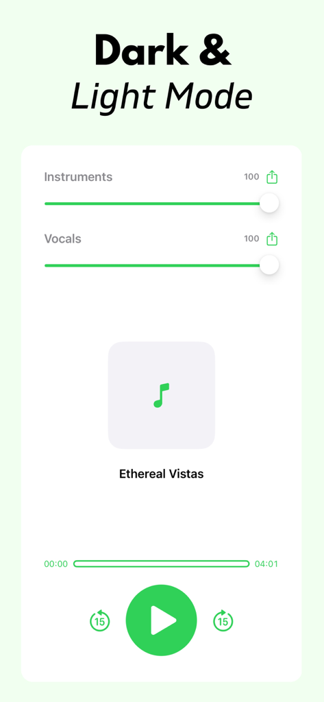 Vocal Remover: AI Splitter - Oberfläche der Vocal Remover App im Lichtmodus mit Lautstärkereglern für Instrumente und Gesang