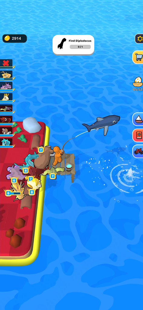 Zookemon - Personaje de Zookemon pescando un tiburón en el océano con un equipo de monstruos domesticados en un muelle